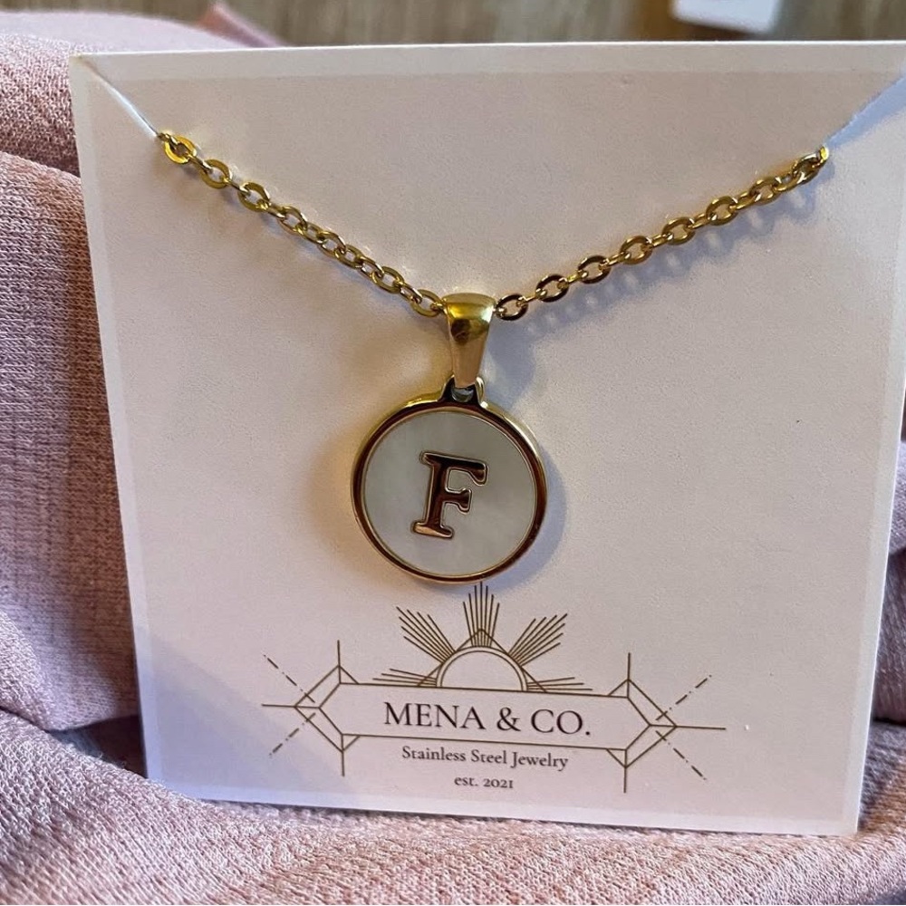 Stainless Steel Gold Initial Necklace Letter “F” with a white inlay.